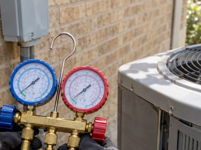 Illustration: a technician's gloved hands holding gauges next to an outdoor AC unit