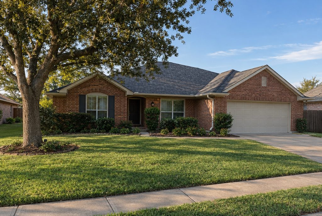 Illustration: a one-story brick house with a new roof in a North Texas neighborhood