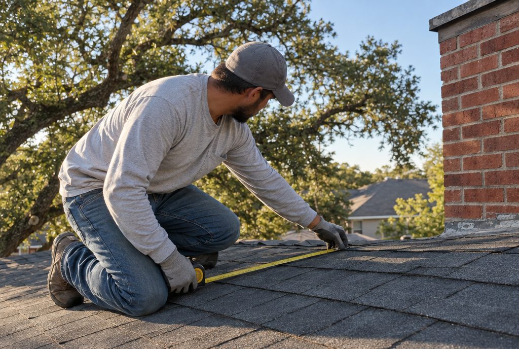 Illustration: a roofer measuring shingles on a North Texas roof